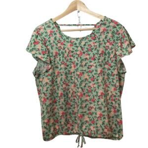 Inner Circle Spring Floral Light Green Pink Short Flutter Sleeves Blouse Top